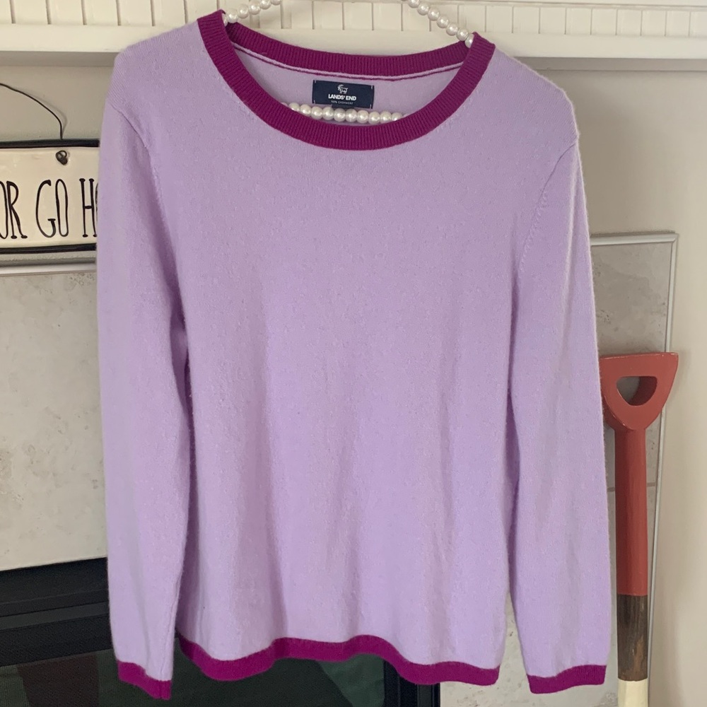 Lands' End Lilac Crewneck Sweater with Fuchsia Trim